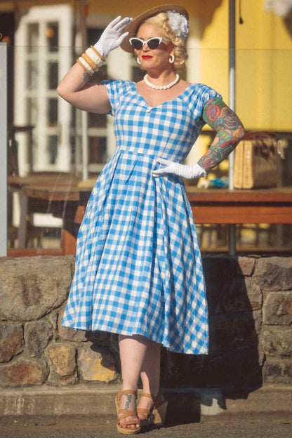 Lily Off Shoulder Blue Gingham Dress