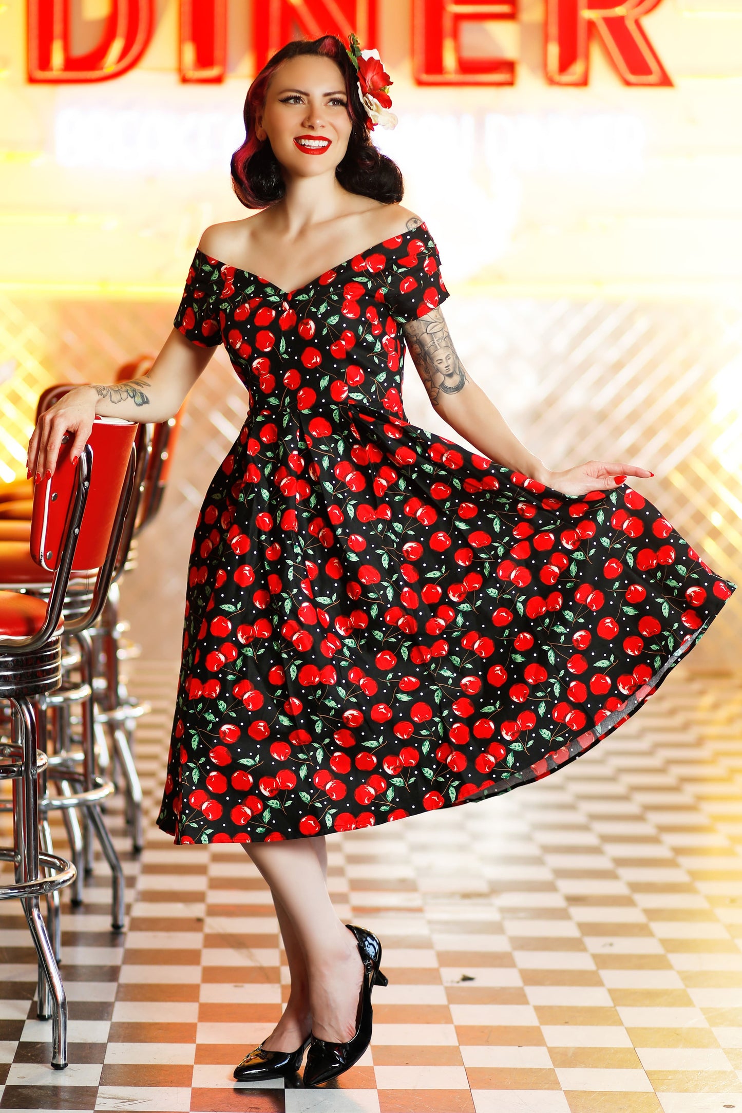 Lily Off Shoulder Cherry Swing Dress