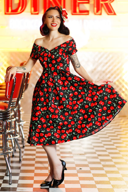Lily Off Shoulder Cherry Swing Dress