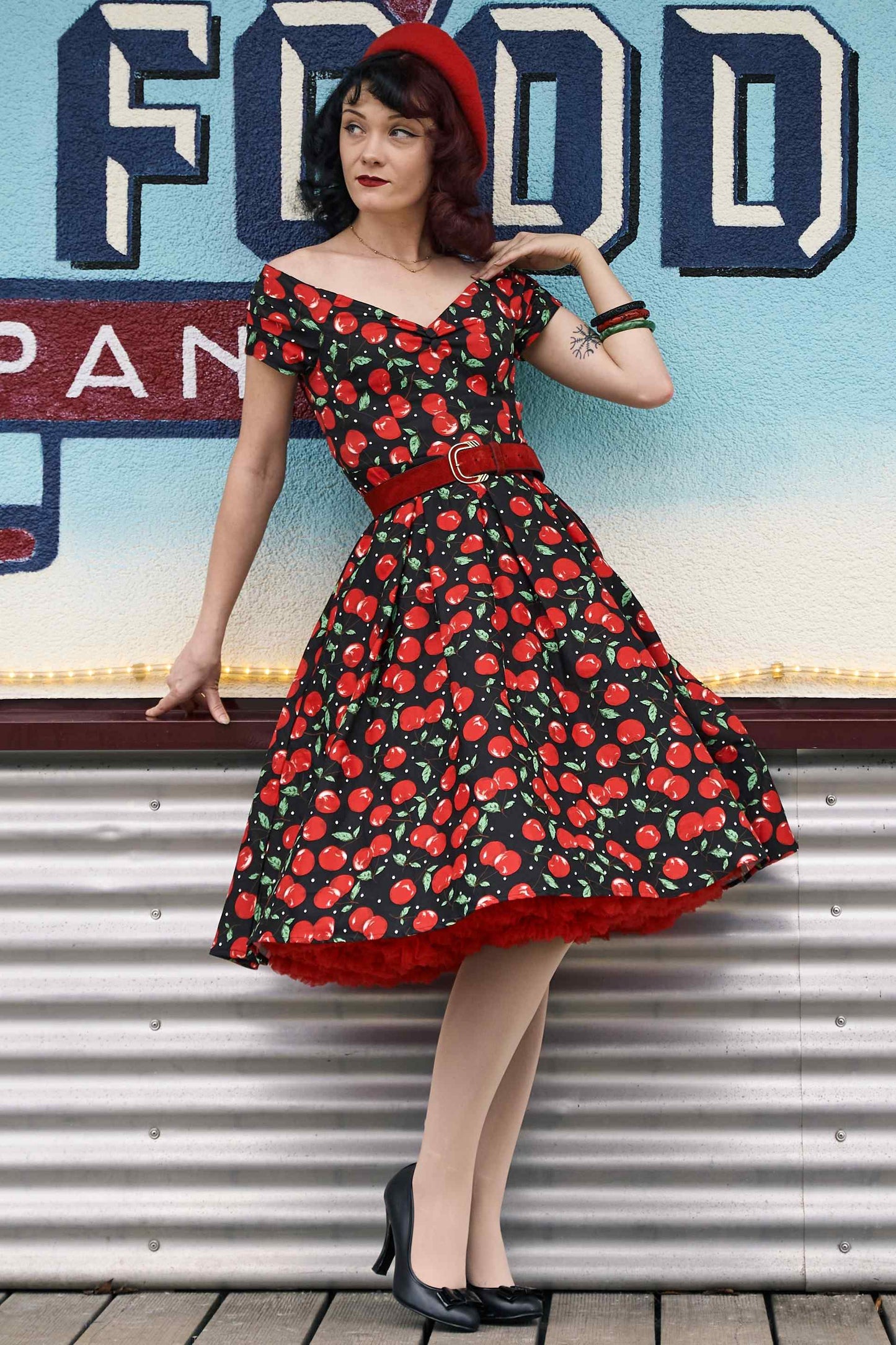 Lily Off Shoulder Cherry Swing Dress