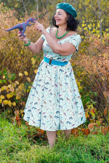 Lily Off Shoulder Midi Dress In Green Dinosaur Fossil Print