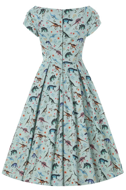 Lily Off Shoulder Midi Dress In Green Dinosaur Fossil Print