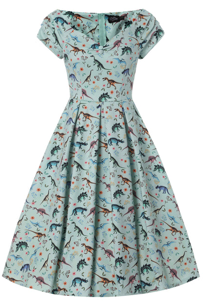Lily Off Shoulder Midi Dress In Green Dinosaur Fossil Print
