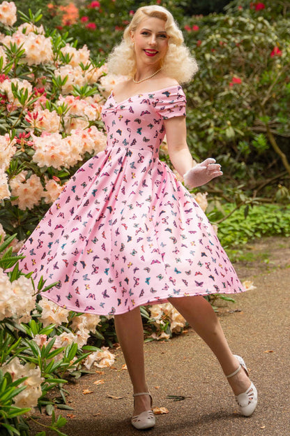 Lily Off Shoulder Pink Butterfly Swing Dress