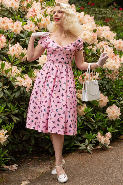 Lily Off Shoulder Pink Butterfly Swing Dress