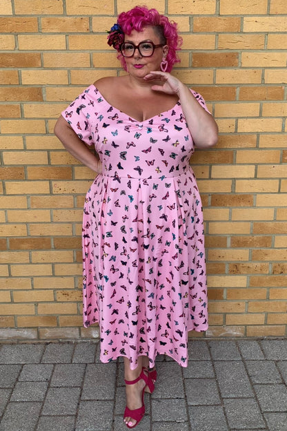Lily Off Shoulder Pink Butterfly Swing Dress