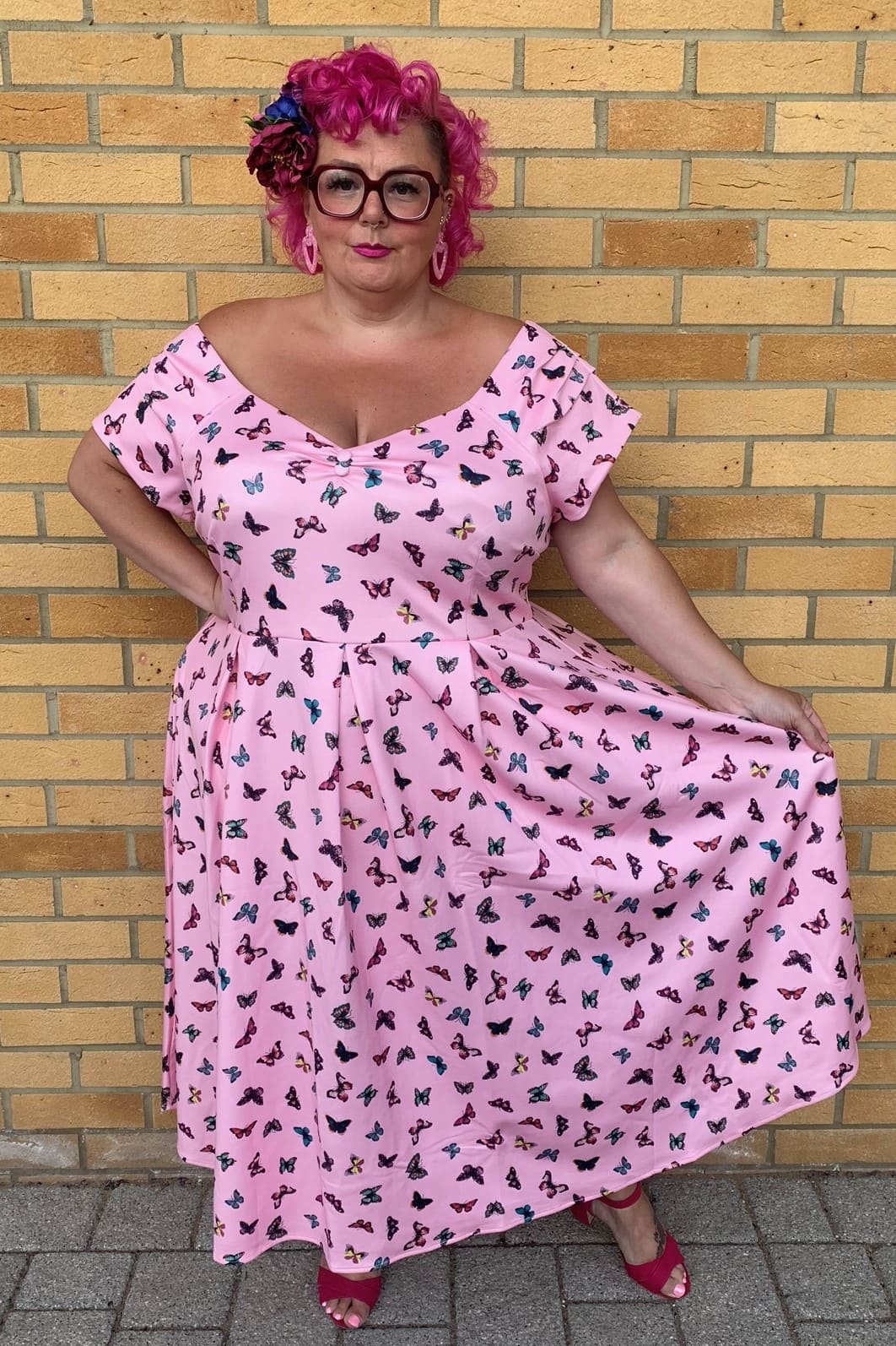 Lily Off Shoulder Pink Butterfly Swing Dress