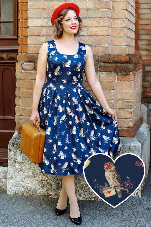 Amanda Owl & Letter Swing Dress in Dark Blue