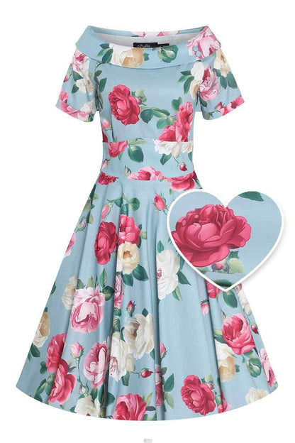 Darlene Peony Flared Dress In Blue