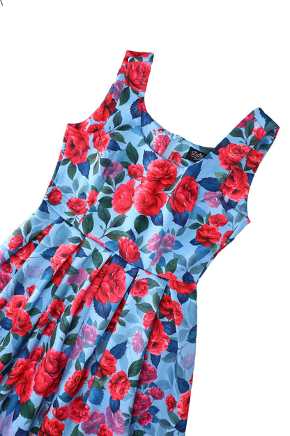 Amanda Pink Peony Flared Dress In Blue