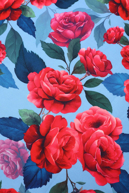 Amanda Pink Peony Flared Dress In Blue