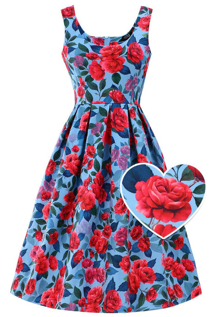 Amanda Pink Peony Flared Dress In Blue