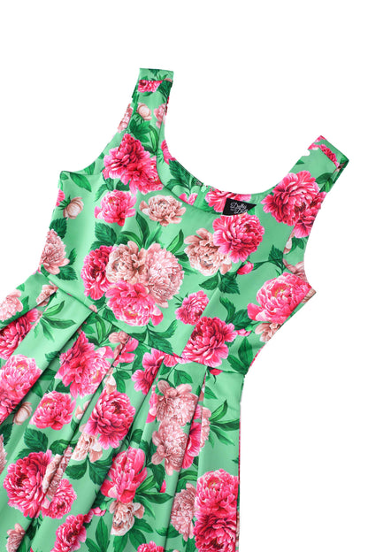 Amanda Pink Peony Flared Dress In Mint Green