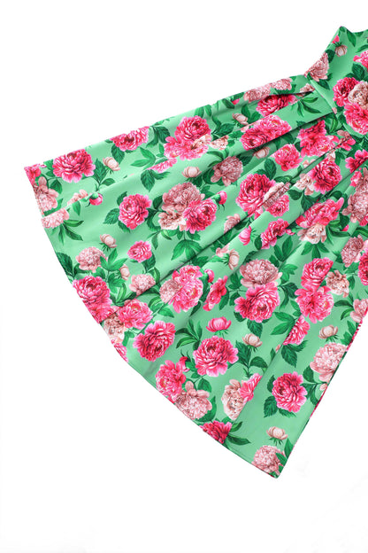 Amanda Pink Peony Flared Dress In Mint Green