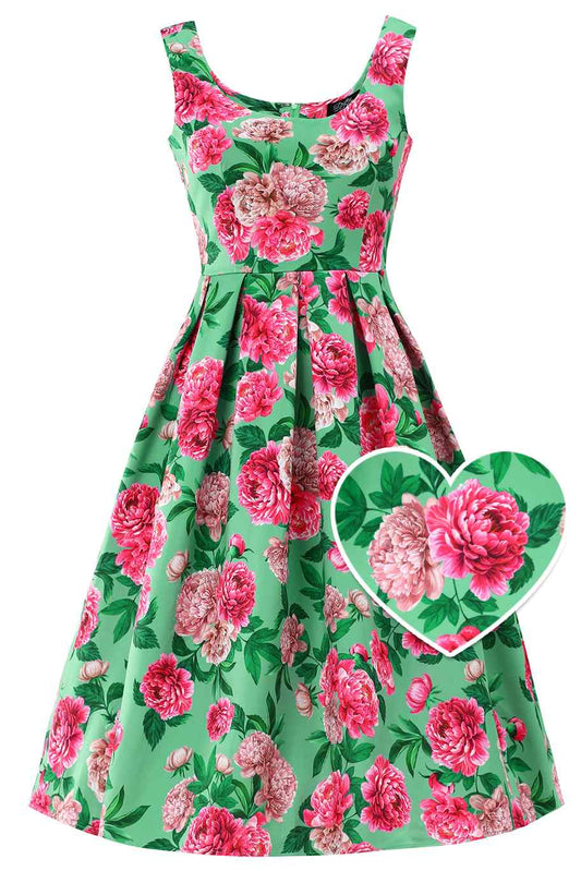 Amanda Pink Peony Flared Dress In Mint Green