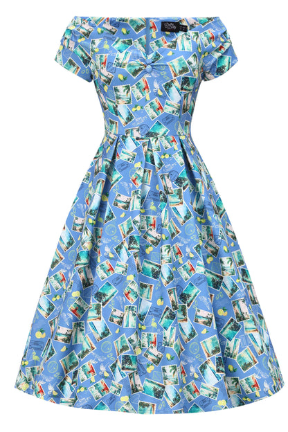 Lily Postage Stamp Off Shoulder Dress In Blue