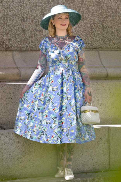 Lily Postage Stamp Off Shoulder Dress In Blue