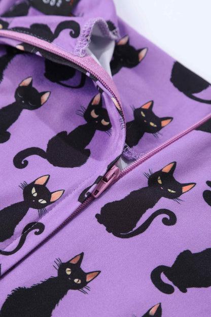 Brenda Purple Black Cat Flared Dress