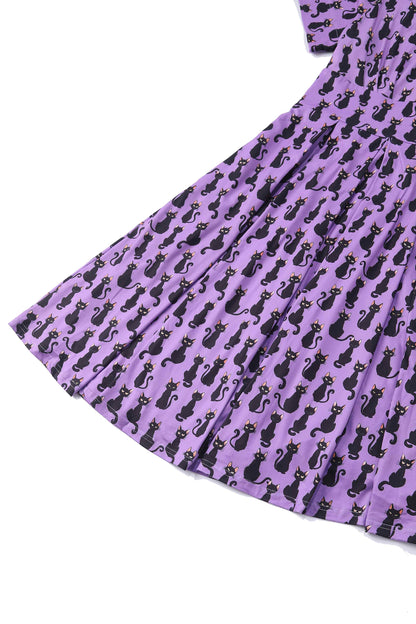 Brenda Purple Black Cat Flared Dress