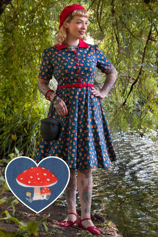 Penelope Red Mushroom Shirt Dress in Blue