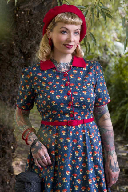 Penelope Red Mushroom Shirt Dress in Blue