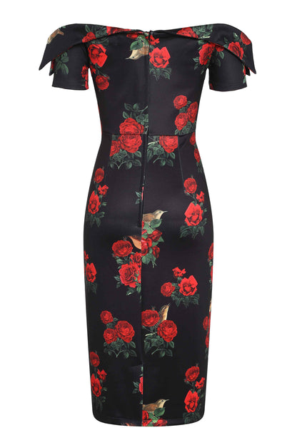 Monroe Black Rose & Bird Pencil Dress