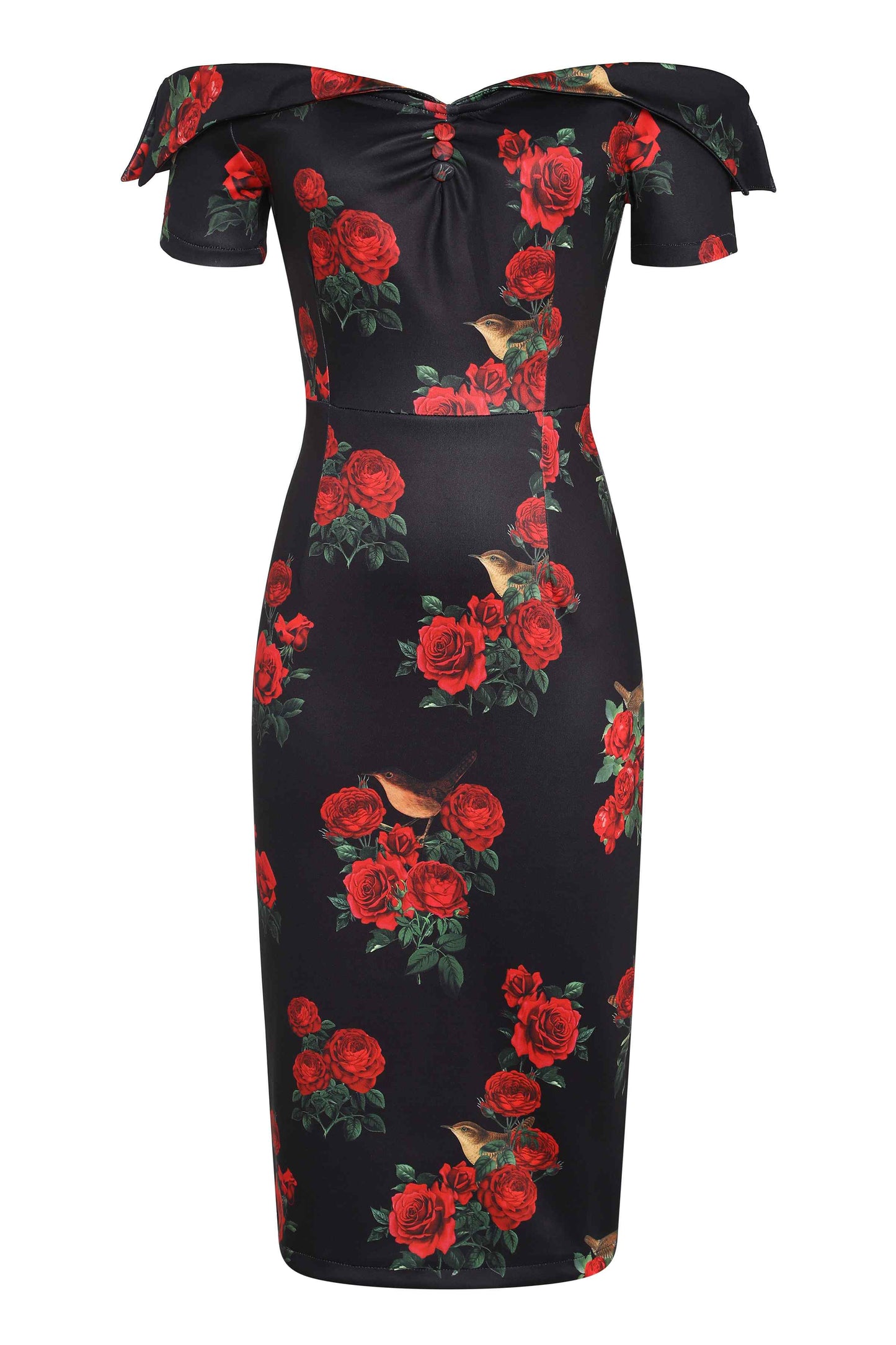 Monroe Black Rose & Bird Pencil Dress