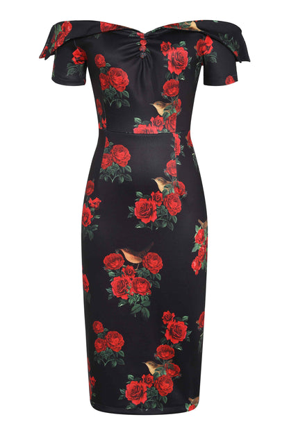 Monroe Black Rose & Bird Pencil Dress