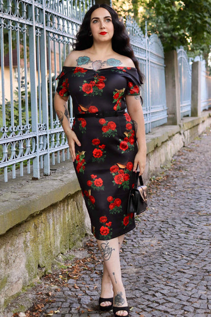 Monroe Black Rose & Bird Pencil Dress