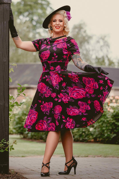 Darlene Retro Black-Pink Roses Swing Dress