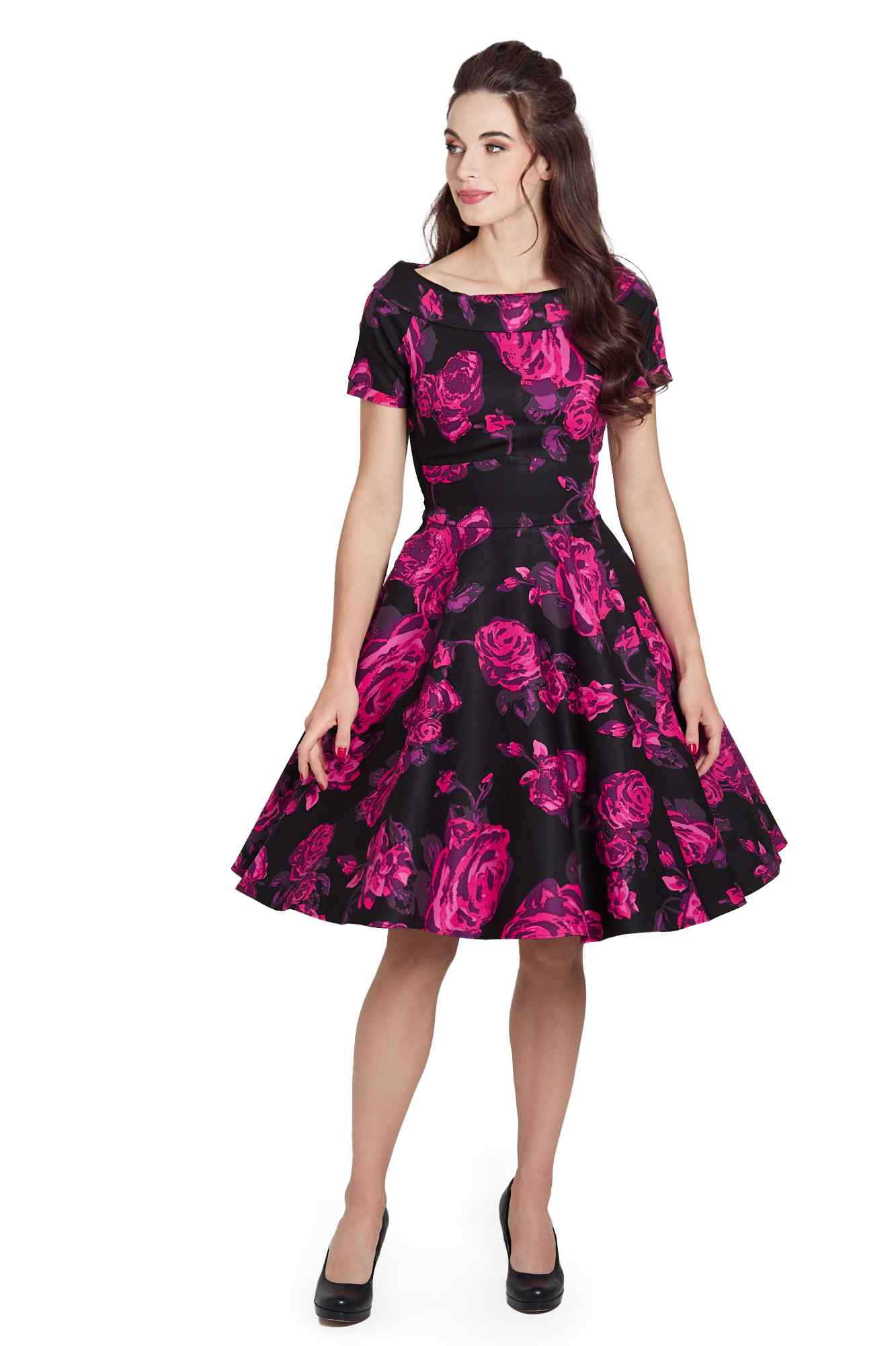Darlene Retro Black-Pink Roses Swing Dress
