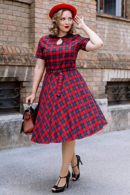 Evelyn Retro Check Swing Dress in Red