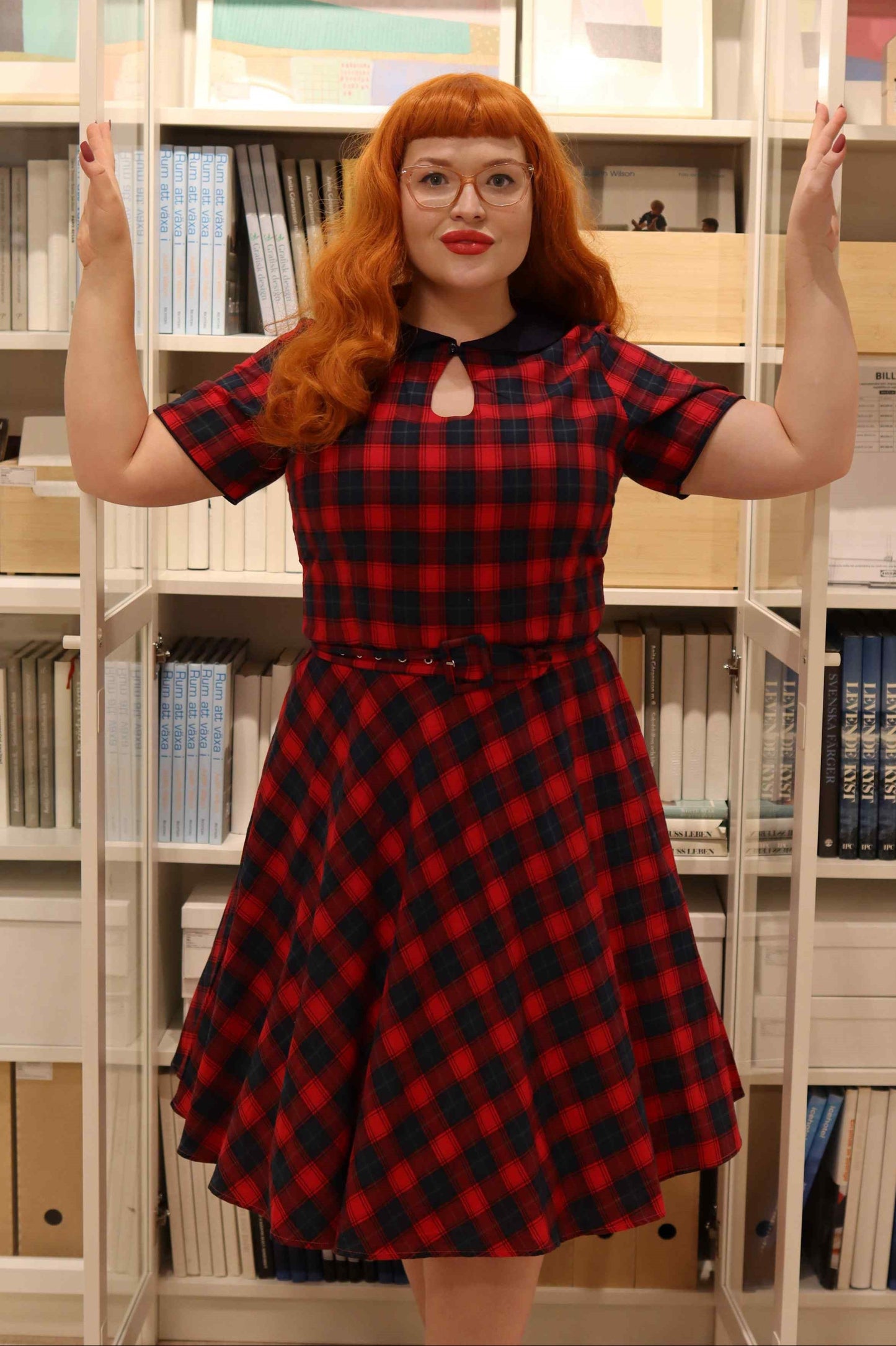 Evelyn Retro Check Swing Dress in Red