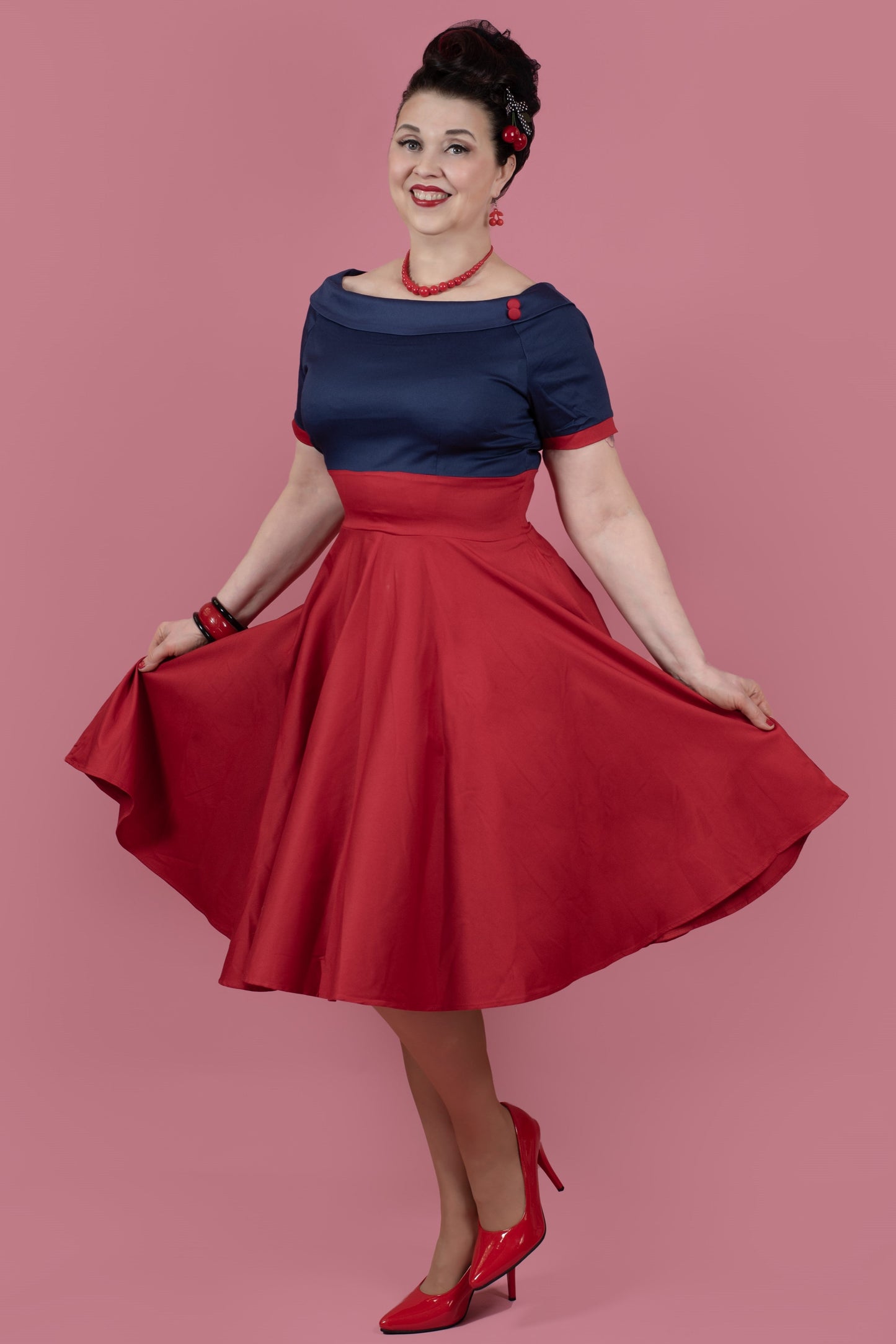 Darlene Retro Full Circle Swing Dress in Navy Blue and Red