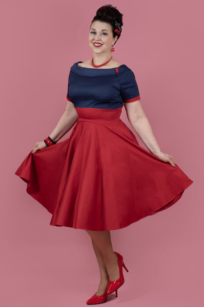 Darlene Retro Full Circle Swing Dress in Navy Blue and Red