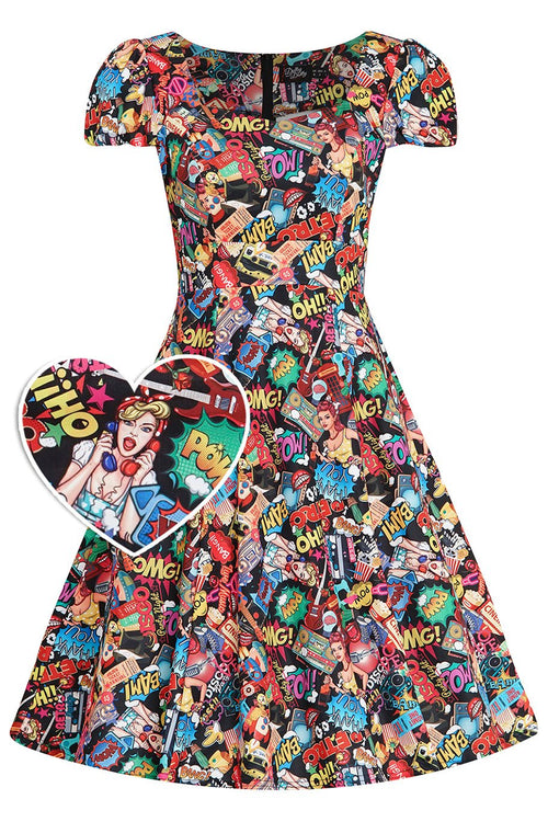 Claudia Retro Pop Art Short Sleeved Swing Dress