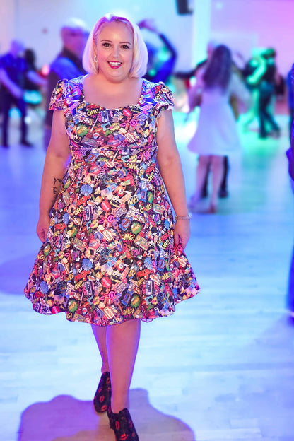 Claudia Retro Pop Art Short Sleeved Swing Dress