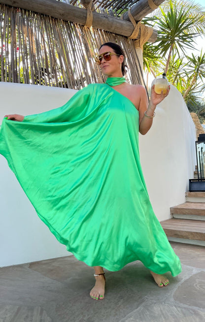 Rhea One Shoulder Dress ~ Kiwi Luxe Satin