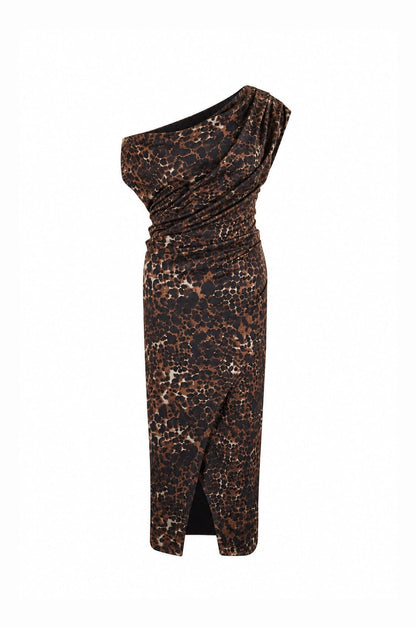 Roslyn Off Shoulder Midi Animal Print Dress