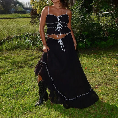 Ruffles Tie-Up Front Camis Crop Top Maxi Skirt Two Pieces Set