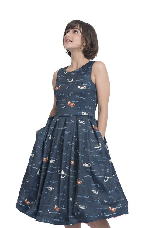 Annie 50s Inspired Womens Dress-Navy with Swimming Ducks