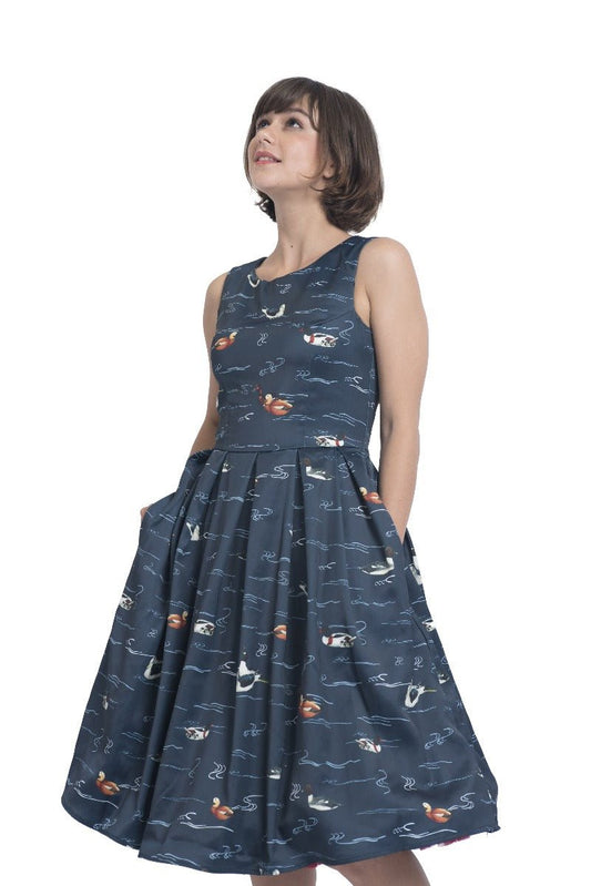 Annie 50s Inspired Womens Dress-Navy with Swimming Ducks