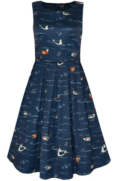Annie 50s Inspired Womens Dress-Navy with Swimming Ducks