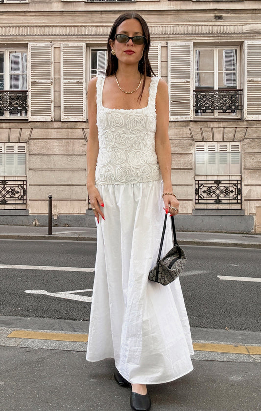 Bradshaw Maxi Dress ~ Rosette Mesh White