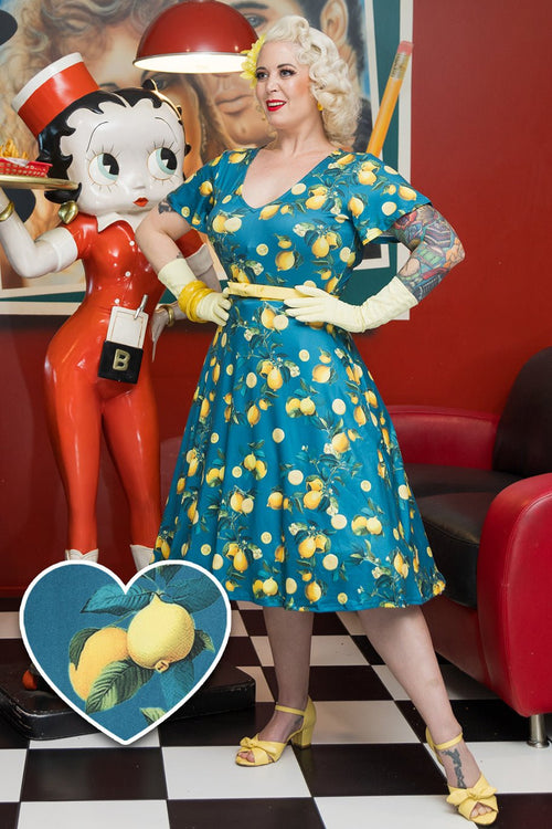 Palma Short Sleeved Tea Dress in Teal Blue Lemon Print