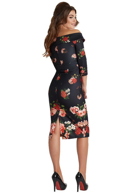 Denise Vintage Inspired Wiggle Dress with Raising Roses in Black