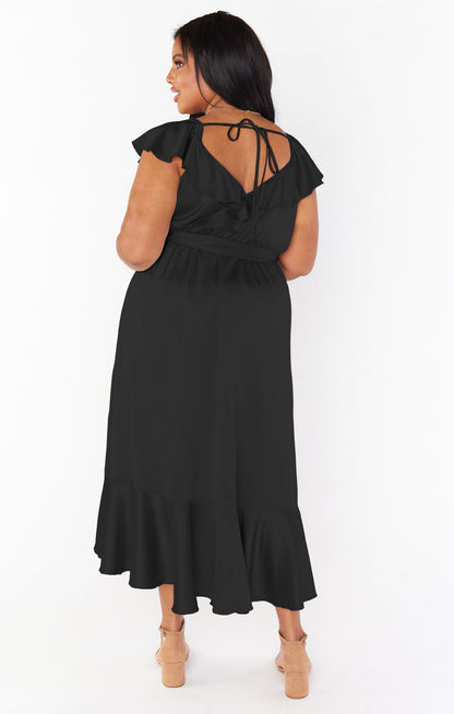 Samantha Ruffle Wrap Dress ~ Black Luxe Satin