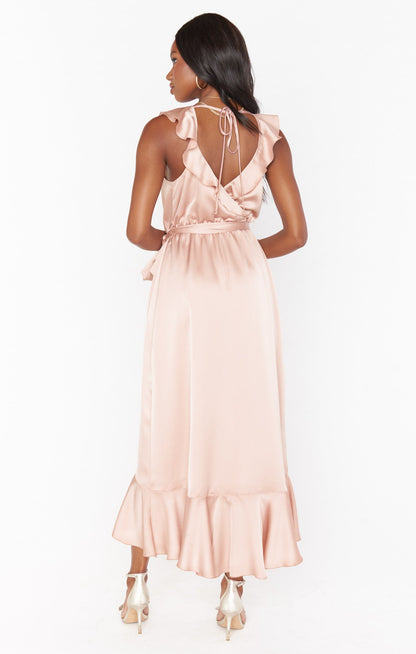 Samantha Ruffle Wrap Dress ~ Rose Gold Luxe Satin