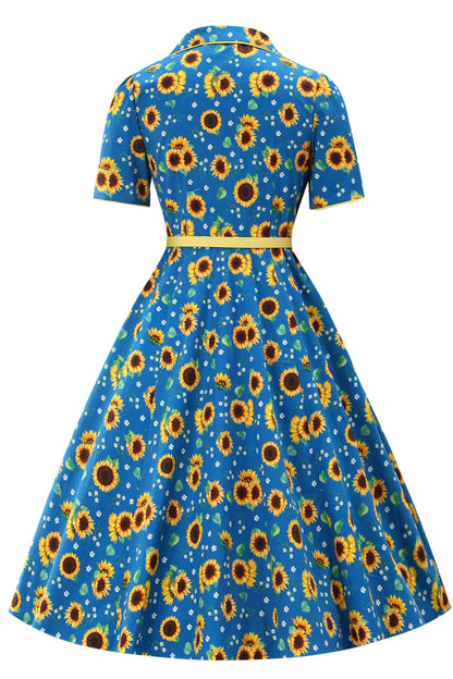 Mabel Sunflower Midi Shirt Dress In Blue