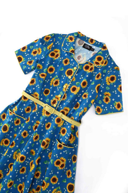 Mabel Sunflower Midi Shirt Dress In Blue